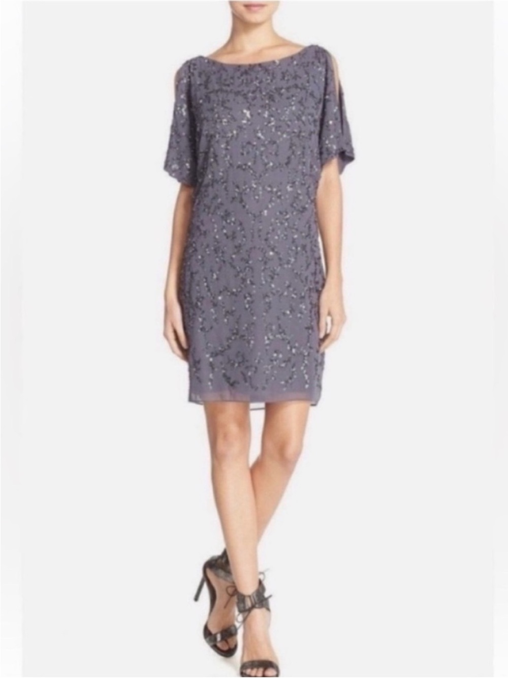 Aidan Matox Embellished Gray Sequins Slate Cold-Shoulder Shift Dress Sz 8